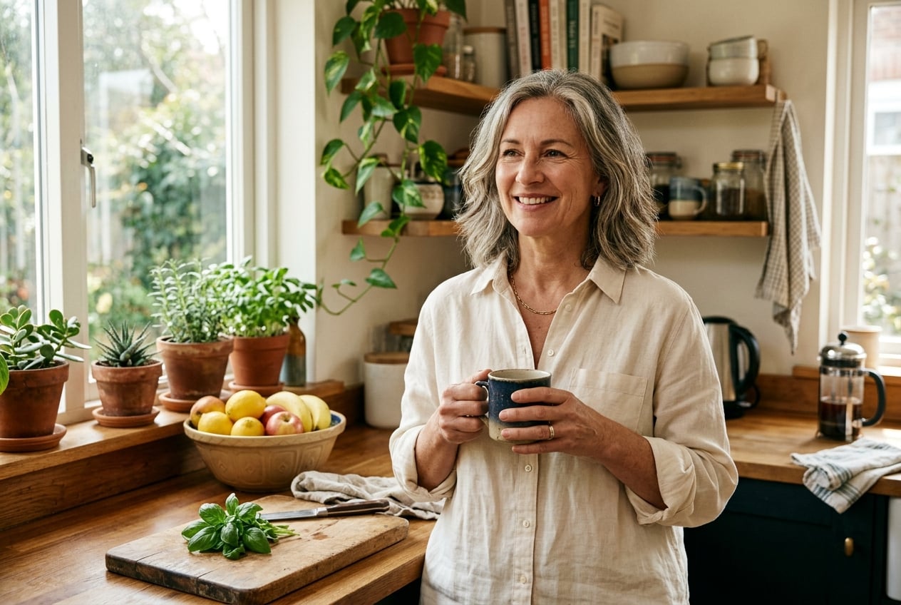 Woman in her late forties smiling in a warm home kitchen