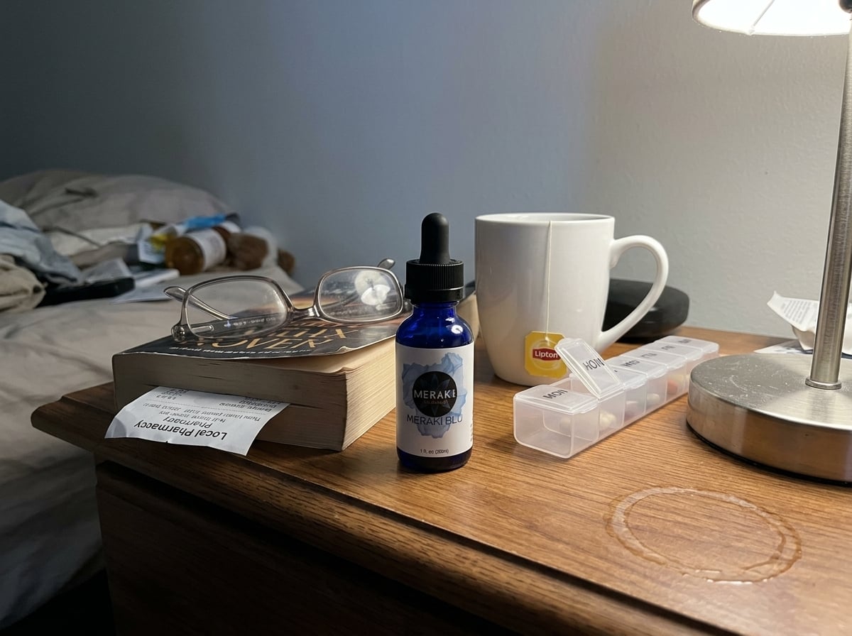 Diane's nightstand with Meraki Blu and a book